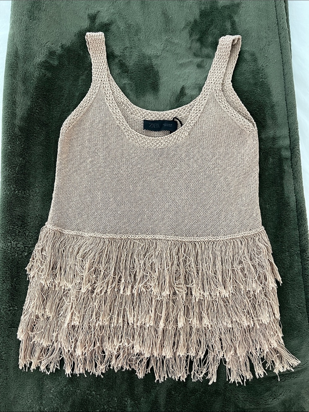 ZARA Small Taupe Beige Fringe Knit Tank Top